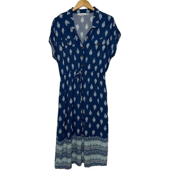 Lucky Brand Midi Dress Size XL Blue Floral Short Sleeve Floral Pockets - Picture 1 of 16